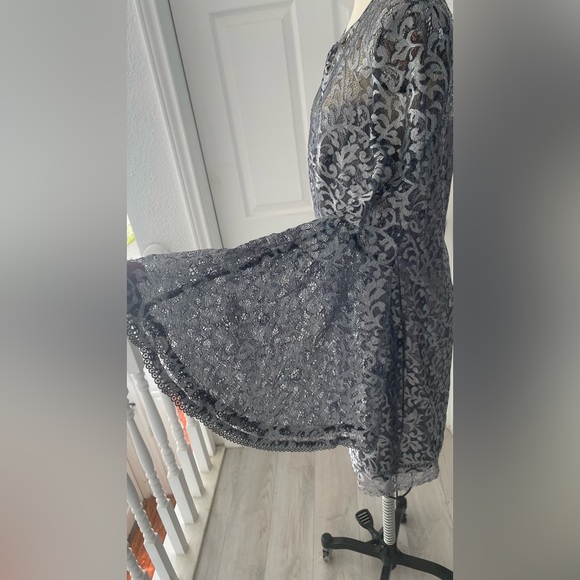 White House Black Market Silver Gray Metallic Lace Bell Sleeve Dress. - Picture 11 of 17